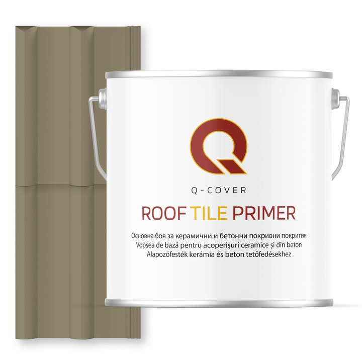 Vopsea de baza pentru acoperisuri ceramice si din beton, Q-COVER, Gri-galbui RAL7034, 5L, aderenta ridicata, intareste suprafata si asigura protectie avansata, vopsea elastica pentru tigla si beton, rezistenta la intemperii si uzura