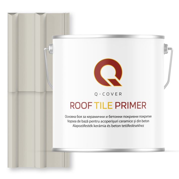 Vopsea de baza pentru acoperisuri ceramice si din beton, Q-COVER, Alb si gri RAL9002, 5L, aderenta ridicata, intareste suprafata si asigura protectie avansata, vopsea elastica pentru tigla si beton, rezistenta la intemperii si uzura