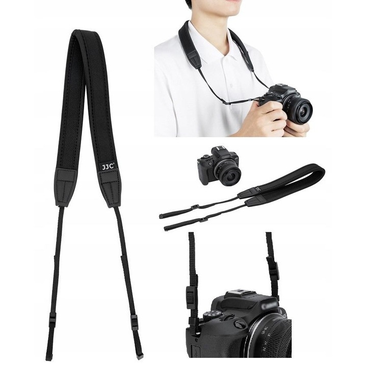 Curea pentru camera, JJC, NS-M1SE, 124 cm, reglabila, neopren, confortabila, pentru camere DSLR si mirrorless, neagra, material: neopren + material antiderapant, latime curea principala: 3 cm, greutate: 45