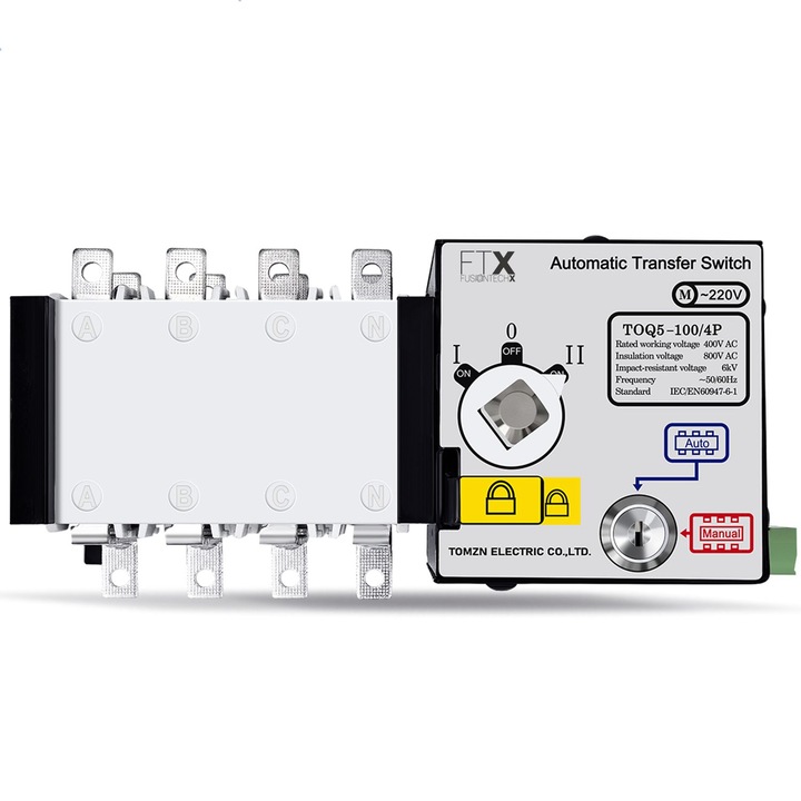 Comutator Transfer Automat 400V 100A, ATS 4P PC Class, 2 Intrari / 1 Iesire, Mod Auto & Manual, FusionTechX®