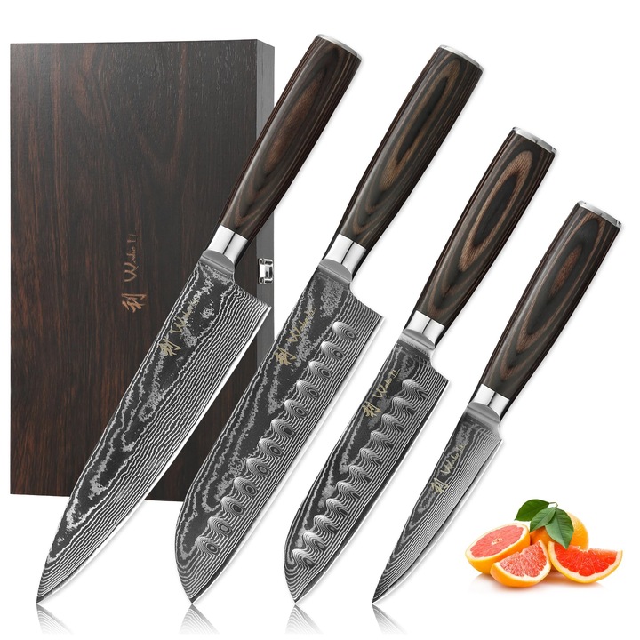 Wakoli konyhakés készlet, séf kés, santoku kés, zöldség kés, Pakkawood nyél