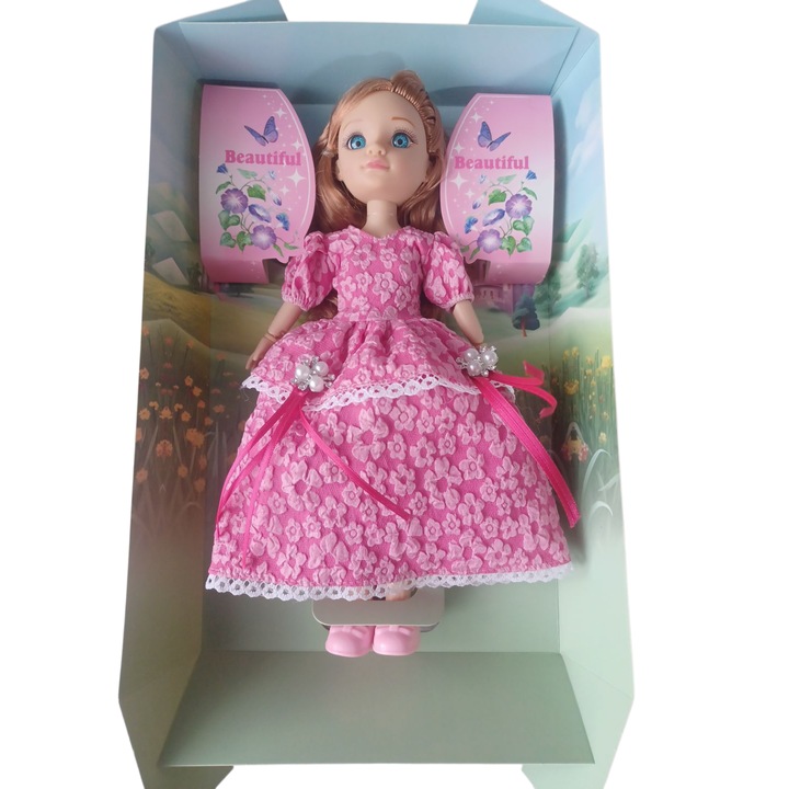 Papusa Cu Par Lung Despletit, Imbracata Elegant In Rochie Crinolina Diverse Culori, Cu Incheieturile De La Maini Si Picioare Flexibile, 30 cm, Vision XXI