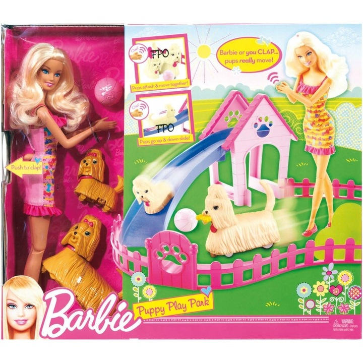 Barbie játékszett kutyajátéktérrel, 2 kiskutyával, labdával és csonttal, műanyag, 3 éves kortól