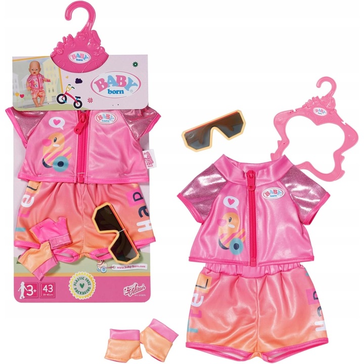 Set ciclism Baby Born 43 cm, tricou și pantaloni scurți, ochelari și mănuși, multicolor