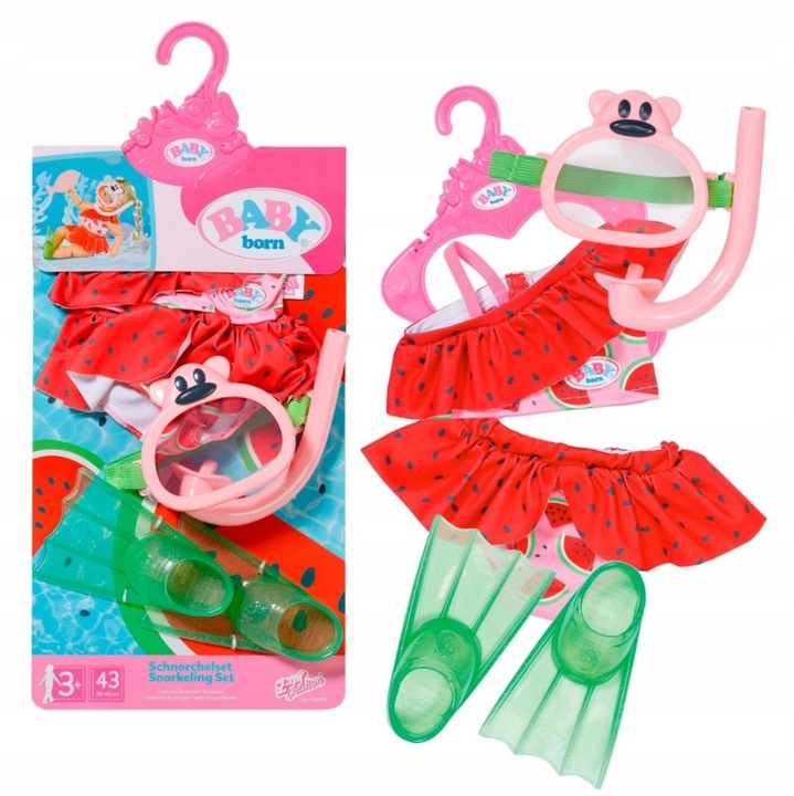 Комплект за гмуркане за кукла BABY born 43 см, бикини с десен на диня, маска и блестящи перки