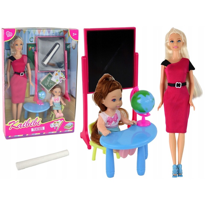 Set 2 Papusi Profesora si Elev, Accesorii Scoala, Glob, Masa, Papusi coafabile, 3 ani