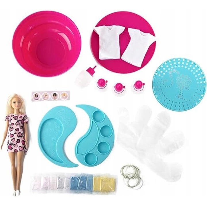 Set Creativ Barbie, 1 papusa cu 2 rochii, 8 culori de vopsea, multicolor