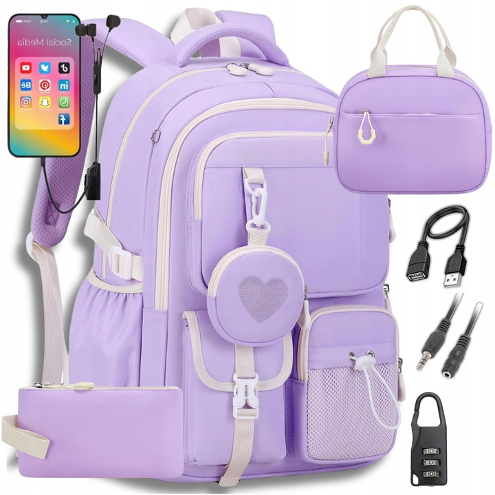 Ghiozdan şcolar fete Bergens, set 7 piese, 3 compartimente, port USB, 45x30x18 cm