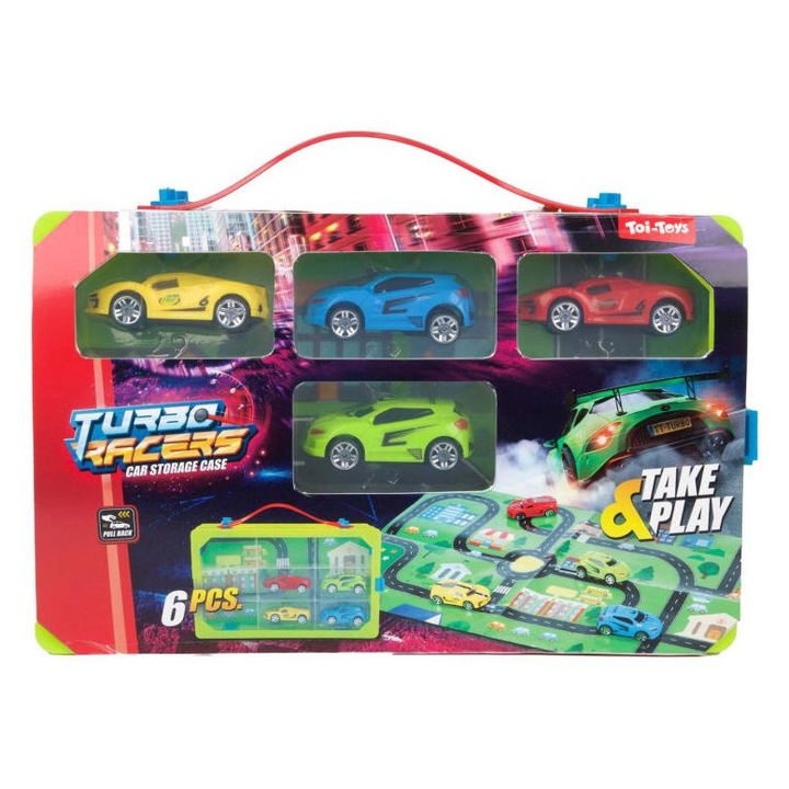 Turbo Racers gyűjtőkoffer autóval és játékszőnyeggel, 6 darabos