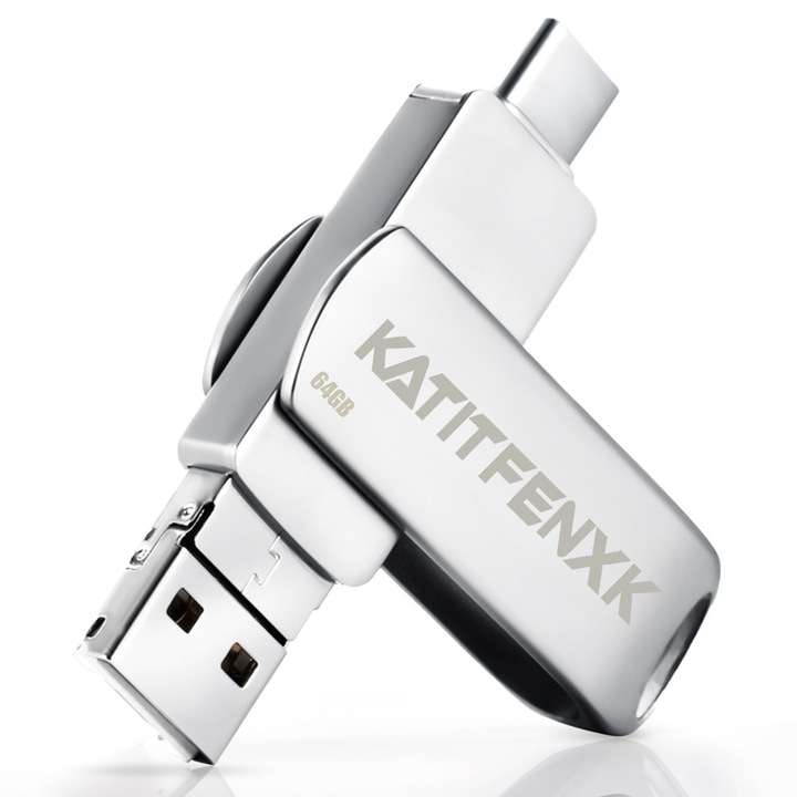 Stick USB 3.0 Mobil, KATITFENXK®, 64GB, High Speed, Backup fisiere, Flash Drive 4 in 1, Adaptor Type-A, Type-C, Lightning, USB-A, Potrivit pentru telefoane mobile, computere si tablete, Argintiu metalizat
