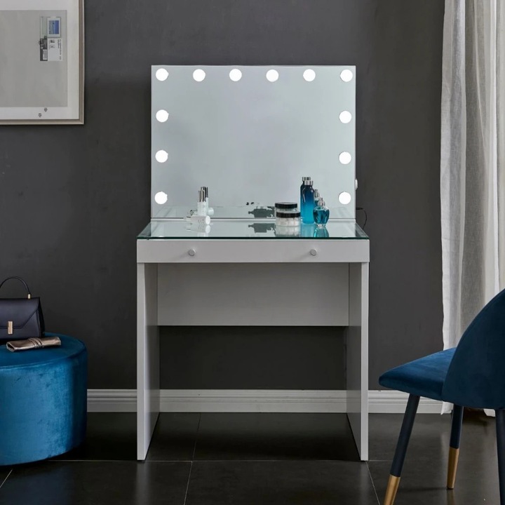 Masa Toaleta MOBATELIER®, Oglinda LED 60x50, Iluminare 3 Culori Touch, Masa Toaleta 73x50x75, Masa Machiaj Sertar Mare Organizare Accesorii, Blat Sticla, Port USB, Design Modern Pentru Dormitor Dressing, Masa Machiaj Stil Elegant, Alb