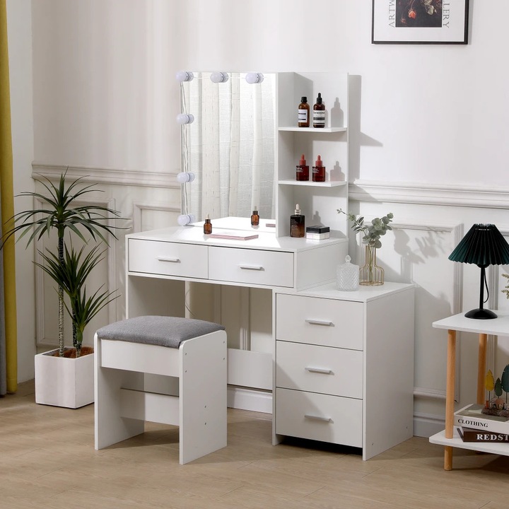 Masa Toaleta MOBATELIER® AURORA, Oglinda Iluminare 10 Becurilor LED 3 Optiuni Lumina, Masa Machiaj 3 Sertare Blat 18mm Spatiu Depozitare, Masa Toaleta PAL E1 80x40x141 Scaun Inclus Design Modern Pentru Dormitor, Masa Machiaj Eleganta, Alb