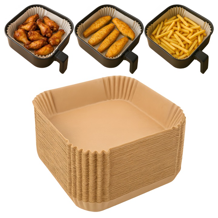 Set de 100 bucati, hartie de copt pentru friteuza cu aer cald 20 x 20 cm – patrata, antiaderenta