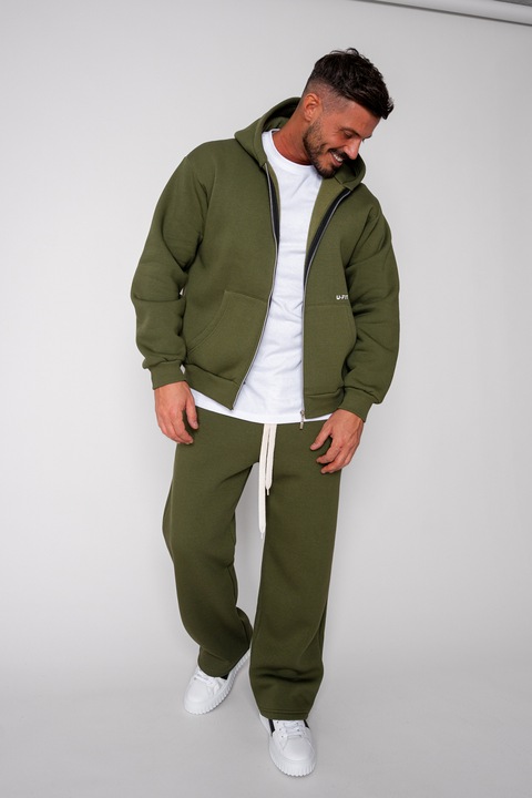 Set Winter CozyWide hanorac cu fermoar si pantalon drept Kaki 19412, Kaki