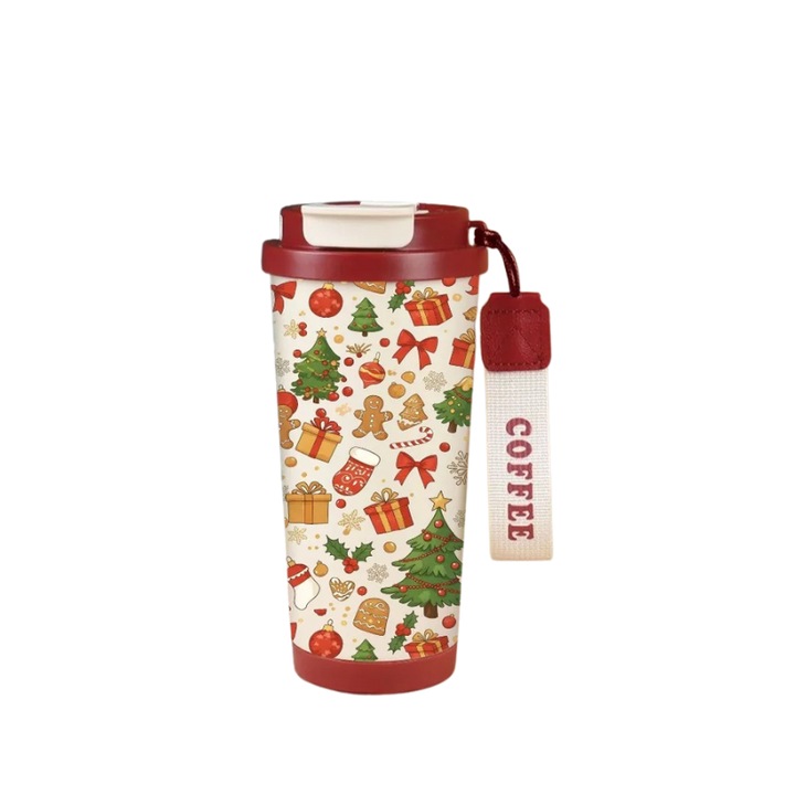 Termos Premium 316 Inox, Editie Speciala de Craciun, 530 ml, Izolare 12h, Duza Eleganta, Dubla Deschidere (Baut + Turnat), Fund Antiderapant, Maner din Snur Impletit, Ideal pentru Cadouri, Birou, Calatorii si Sarbatori