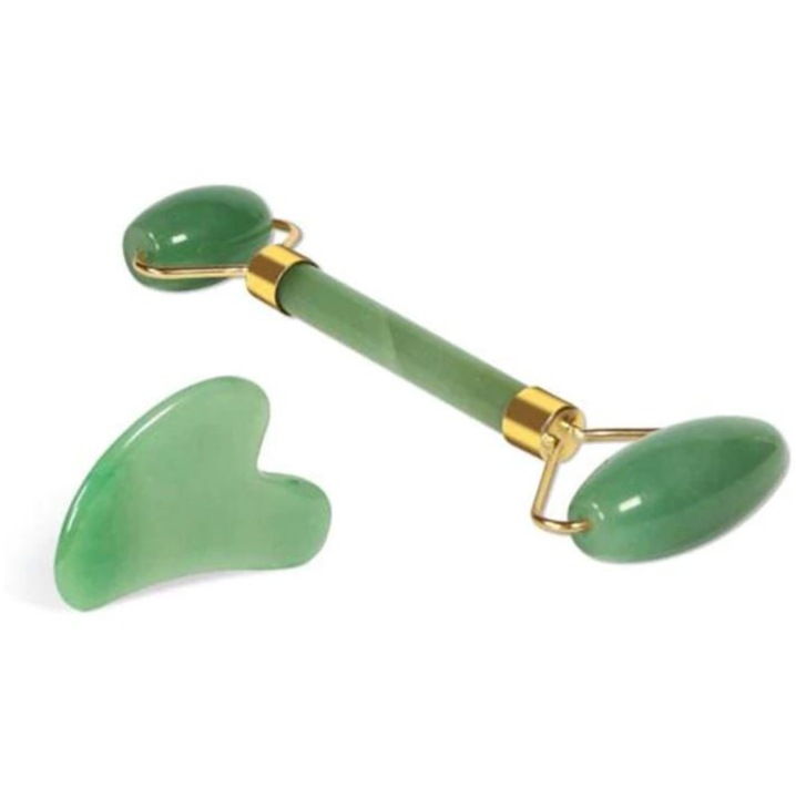 Комплект за масаж на лице, жадеит сърце и двоен ролер, LRTM, зелен