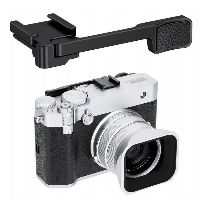 Maner pentru degetul mare, JJC, TA-GFX100RF, Negru, pentru camera Fuji GFX 100RF, Imbunatateste confortul prinderii, Stabilizeaza camera, Instalare usoara, Suport incorporat pentru patina rece, Fabricat din aluminiu si silicon, Usor, Durabil, Rezistent