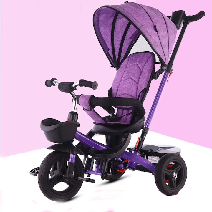 Tricicleta pentru copii cu roti EVA si sezut reversibil, 1-6 ani, spatar inalt, sistem roata libera, maner cu control al directiei, suport pentru picioare si frana pe rotile din spate