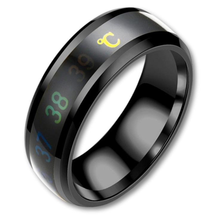 Inel termosensibil pentru masurarea temperaturii corpului, din otel inoxidabil, Negru, #8 (18, 1 mm)