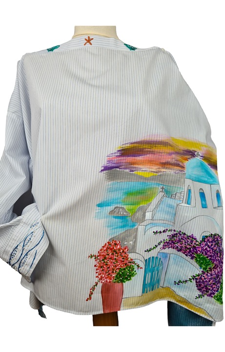 Риза Санторини Гърция, ръчно рисувана и бродирана, памук, произведена в Румъния, размер L, бяла със светлосини райета