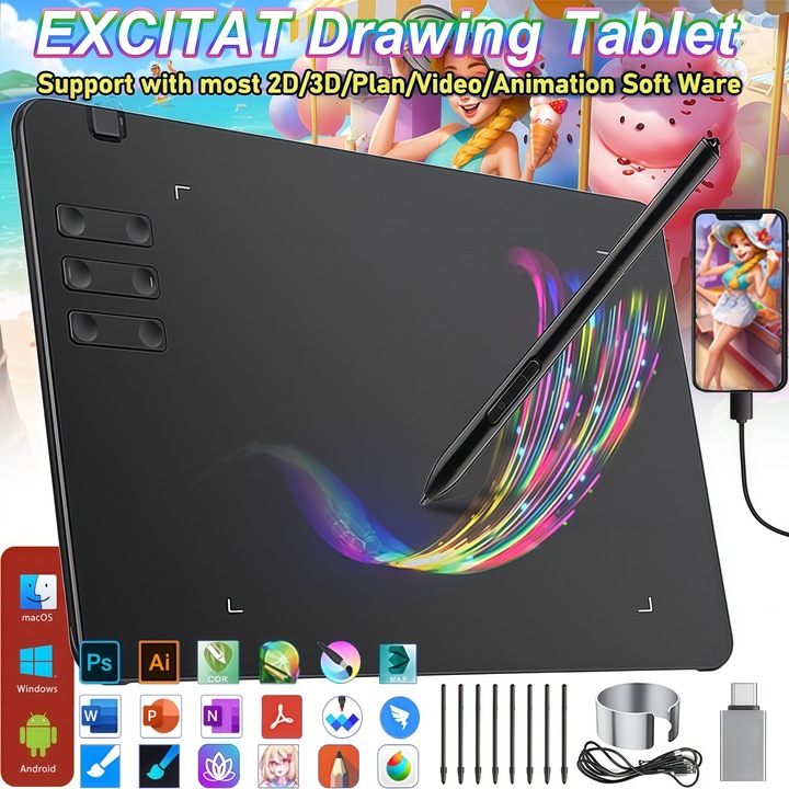 Tableta grafica, EXCITAT®, stilou pasiv fara baterii cu 8192 niveluri de presiune, inclinare la 35°, 6 taste rapide, tableta de arta digitala portabila pentru PC, Mac, Android, desen, design, predare online si jocuri OSU
