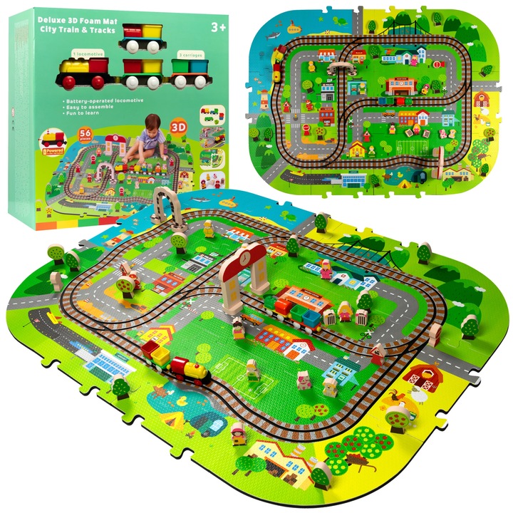 Covor din spuma 3D de lux cu tren cu baterii si sine - Set educational City 56 Elemente 3W1