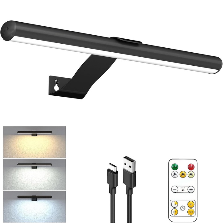Lampa LED, YOUKUKE, 3 Culori, Iluminare RGB din spate, Reglare A Temperaturii Luminii 3000k-6000k, Carcasa Din Aliaj Aluminiu, Intensitate reglabila, Timer, Telecomanda, Suport magnetic, Incarcare USB-C, pentru Dulap de bucatarie, Coridor, Scari, 30 CM
