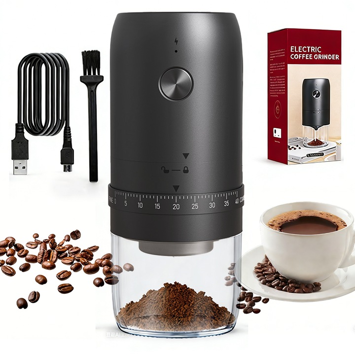 Rasnite de electrica cafea, Pruinkle™, Mecanism de macinare ceramic, cu reglaj extern al finetii, incarcare prin port USB-C, Negru