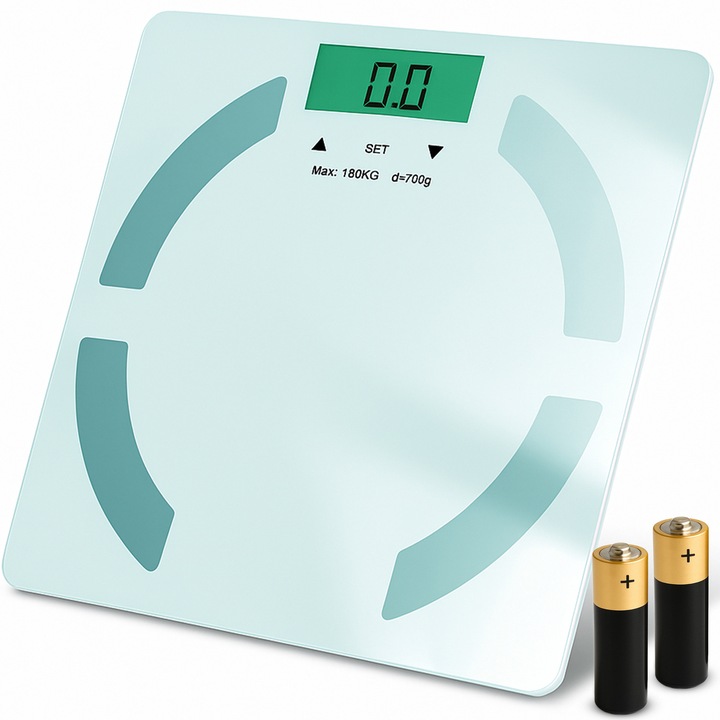 Електронен кантар RETOO TechPro, LCD, Kg, Lb, St, Точност 100 g, Мускулна маса, Костна тъкан, Мастна тъкан, Съдържание на вода, Закалено стъкло, Step-on, Точност на измерване на мазнините 0,01%, Индикатор за зареждане на батерията