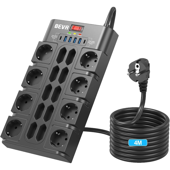 Prelungitor Beva, priza multipla 3680W/16A, 18 prize, 4 metri, 4 USB-A si 2 USB-C, intrerupator, protectie supratensiune, ideal pentru birou si acasa, negru
