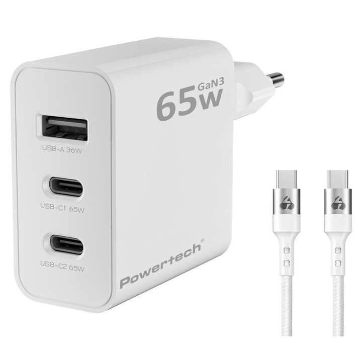 Incarcator Powertech 3 iesiri 65W, USB si 2x USB-C, tehnologie GaN, alb, 56x56x24mm