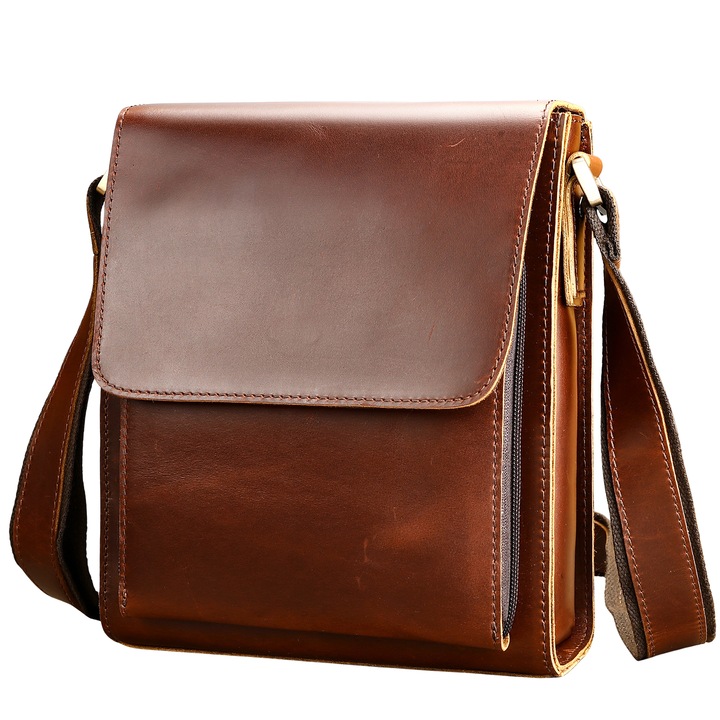 IMODIX férfi válltáska, valódi bőr, 26x22x5.5cm, több rekeszes, konyakbarna