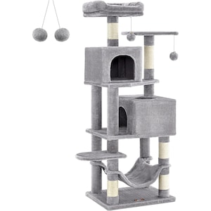 Ansamblu de Joaca pentru Pisici Huggo™ Hub UltraMax Multi-Level, Soft Plus, Platforma Lounge 360°, Hamac Relax, Platforma Observatie, 2 Casute Tip Vizuina, Stalpi din Sisal, Jucarii Suspendate, Baza Ranforsata, 5 Nivele, 150CM, Light Grey