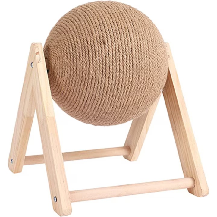 Jucarie Pisici Zgariat Yatrick®, Minge Rotativa cu Sisal, Stativ Lemn, 12 x16 x 20 cm, Bej Maro