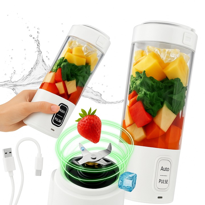 Blender Electric Portabil Luuİ Life, 26000 RPM, 360W, 6000mAh, 700ml, 6 Lame Inox, Recipient Detasabil cu Capac, Auto-curatare, Reincarcabil Type-C, Impermeabil, Multifunctional, Ideal pentru Smoothie-uri, Shake-uri, Sucuri si Mancare pentru Bebelusi, Alb