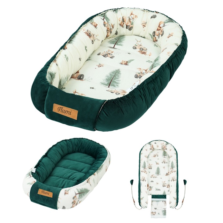 Cocon bebelusi Flumi reversibil verde, bumbac si catifea, 90x53x12cm