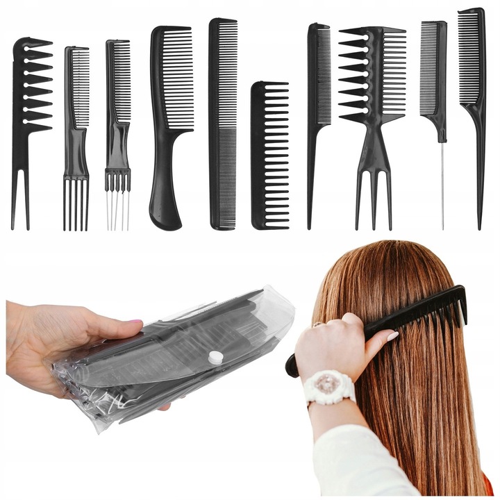 Set 10 piepteni profesioniști, plastic antistatic, culoare multicolor, cu husă de depozitare