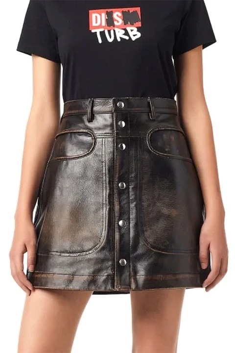 Fustă mini din piele de damă Diesel L-Lia 1001469 16121-28, efect distressed, piele de vițel, W23, maro