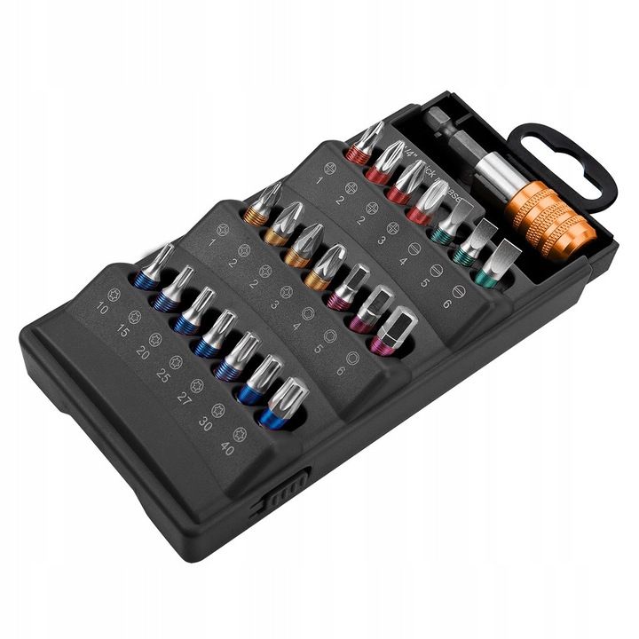 Set 22 bituri surubelnita NEO Tools cu suport magnetic 65mm, diverse profiluri, organizate in caseta, 1/4" HEX