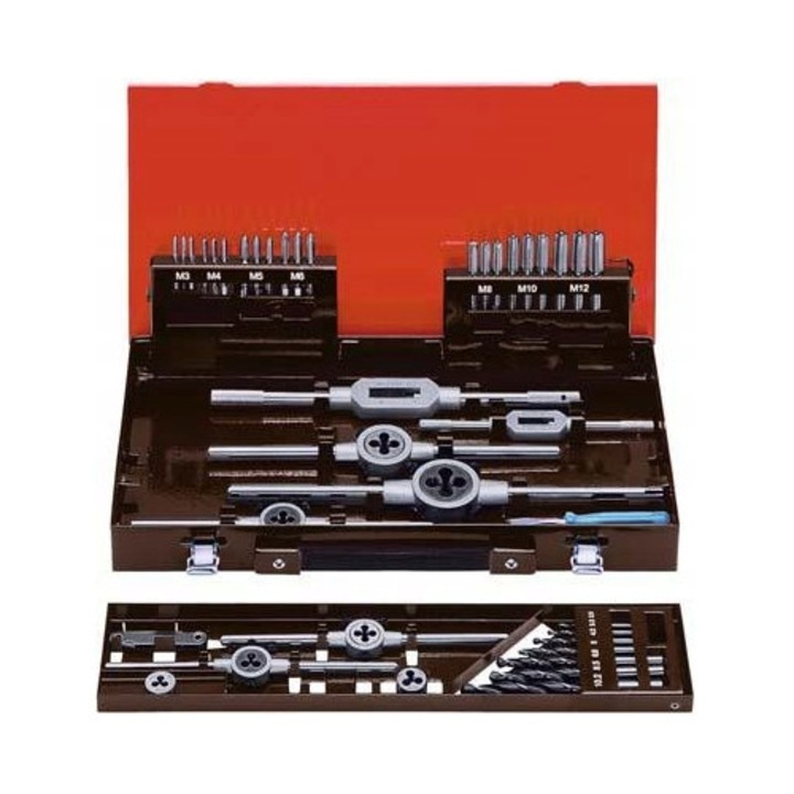 Set de unelte pentru filete FORMAT, M3-12, 7 tarozi, 7 burghie, 5 adaptoare, 2 chei, 410x220x50mm