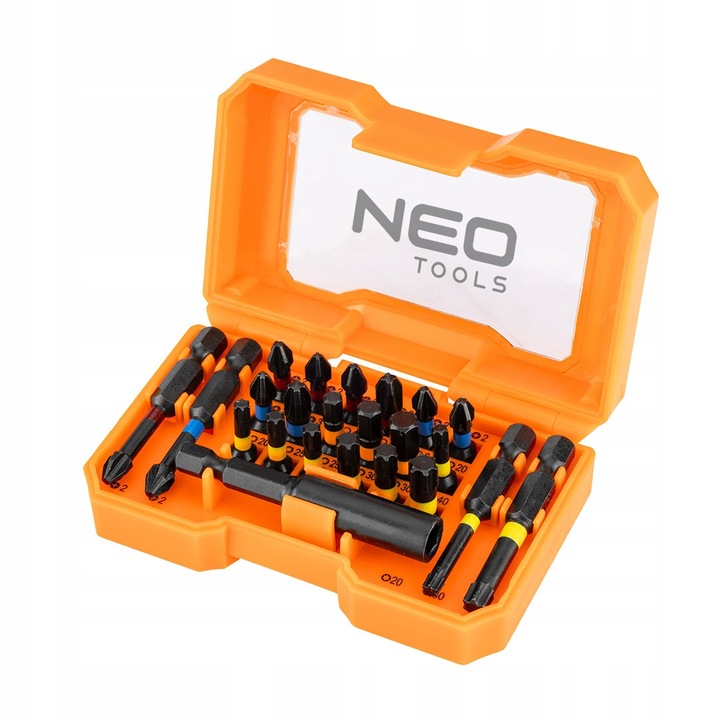 Set 23 Biti NEO Tools, Otel S2, Multicolor, Extensie magnetica 60 mm, Prindere 1/4" HEX
