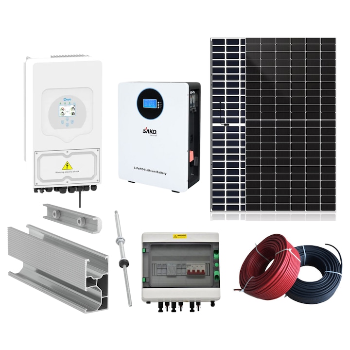 Kit Sistem Fotovoltaic Monofazat 5.3kw Cu Stocare, Invertor Hibrid Deye de 5kw, 9 Panouri Bifaciale DAH Solar 590W, Baterie LiFePo4 Sako 5kw