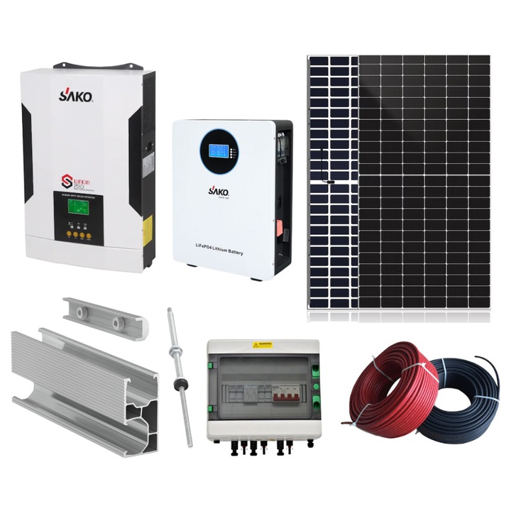 Kit Sistem Fotovoltaic Monofazat 3.5kw Cu Stocare, Invertor Sako de 3.5kw, 6 Panouri Bifaciale DAH Solar 590W, Baterie LiFePo4 Sako 5kw