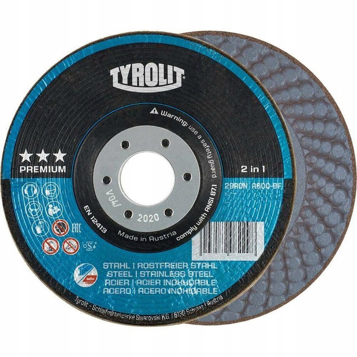 Disc abraziv RONDELLER 2in1 125mm Tyrolit, corindon, duritate medie, pentru otel, suprafete curbe