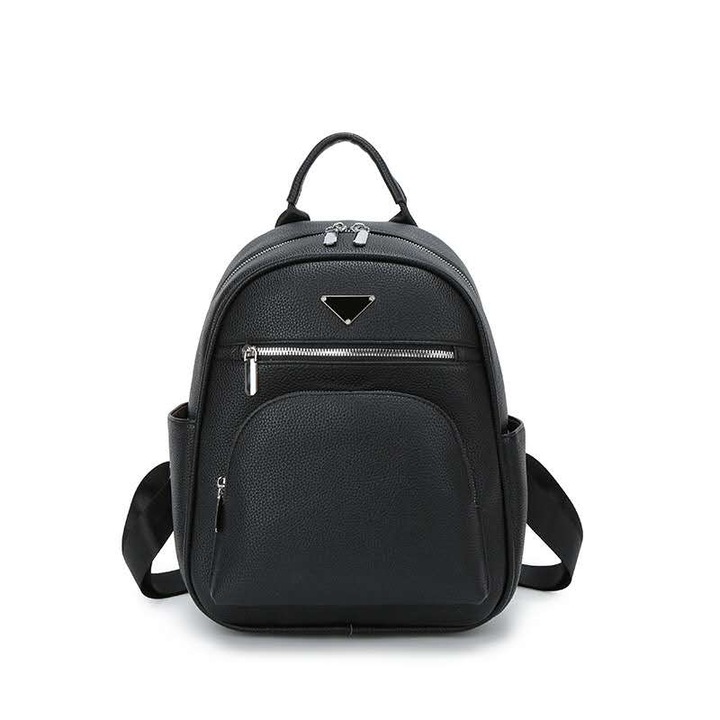 Női műbőr hátizsák külső cipzáras zsebekkel, 26×33dwqf, Fekete, 26×33×16cm