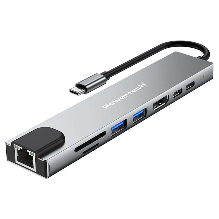 Docking station POWERTECH PT-1536, 8 porturi, USB-C, 87W, 100Mbps