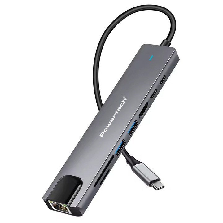 Docking station POWERTECH PT-1537, 8 porturi, USB-C, 100W, 1000Mbps