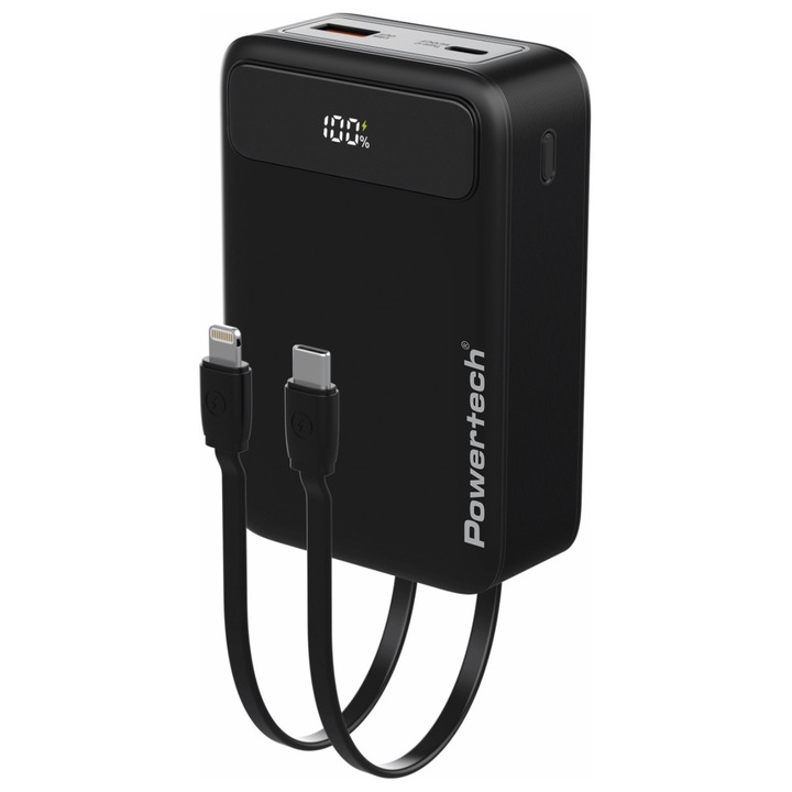 Power bank POWERTECH 20000mAh, 22.5W, 1x USB, 1x USB-C, negru, set cu cabluri