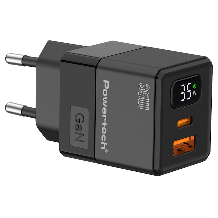 Incarcator Powertech, 2 iesiri USB/USB-C, 35W, tehnologie GaN, negru, dimensiuni 36.4x32x78mm