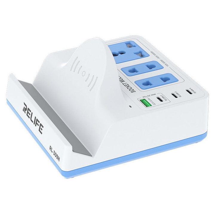 Statie de incarcare RELIFE RL-309H, 1x USB, 3x USB-C, 3x DC, 72W, alb, 135x140x95mm